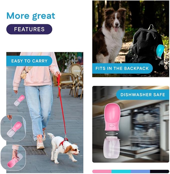 Portable Dog Water Bottle with Bowl – Leak Proof, Lightweight Travel Water Bottle for Dogs. (Pink, 350 ml)