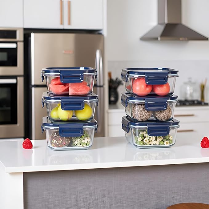 4PC Square Glass Containers With Lids (Dark Blue)