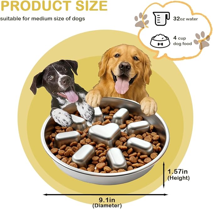 Medium Stainless Steel Slow Feeder Pet Bowls-Non-Slip Stainless Steel Bowl,4-Cup Capacity Slow Feeder to Prevent Indigestion,Dishwasher Safe,Comes with Spatula & Pastry Brush (Heart)