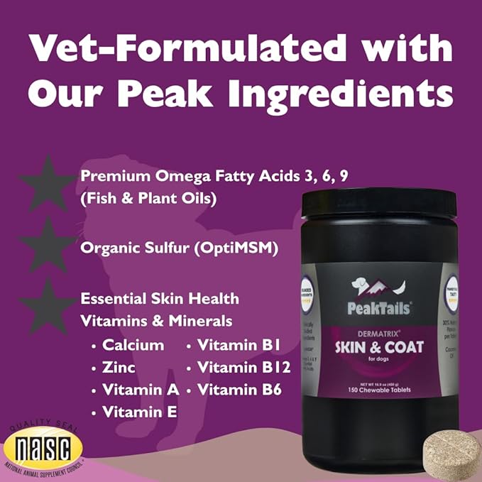 Kala Health PeakTails Skin & Coat Support for Dogs – 150 Chewable Tablets with MSM, Fish Oil, Omega-3 & Omega-6 – Supports Healthy Skin, Shiny Coat