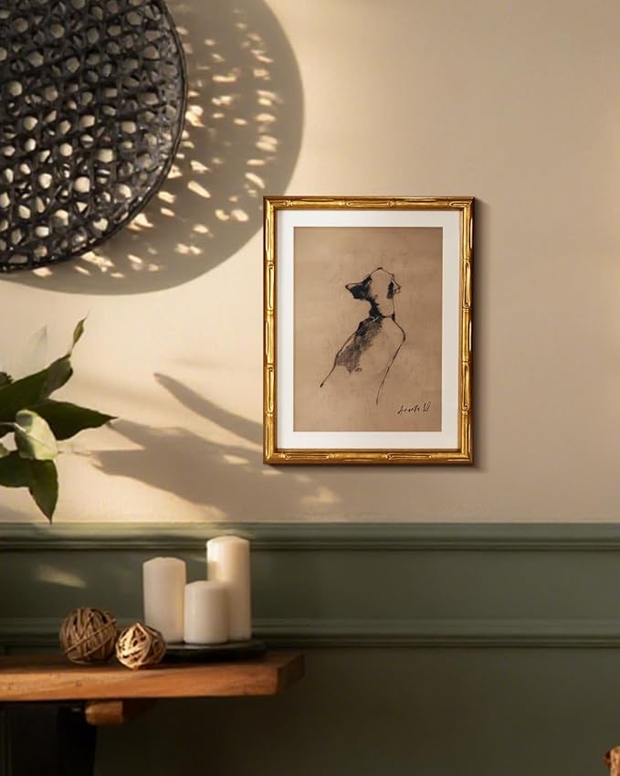 HUARCEY Dog Silhouette Mid Century Modern Abstract Wall Art 11x14 Inch, Gold Framed Minimalist Animal Figure Sketch Canvas Artwork, Classic Elegant Line Art Living Room Bedroom Home Decor