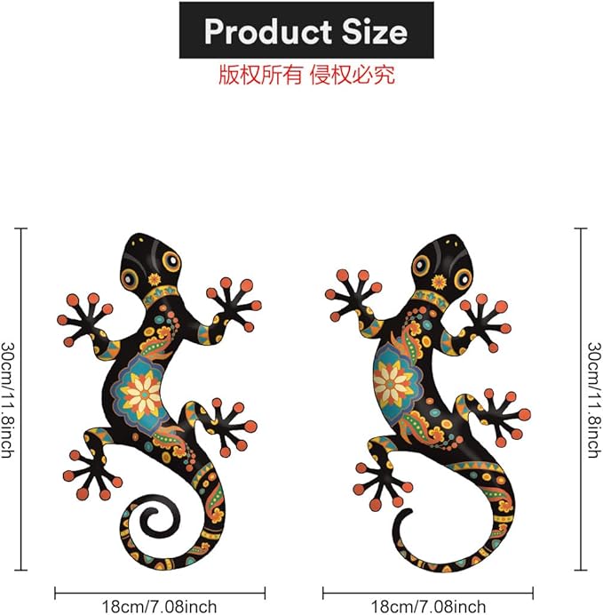 Metal Gecko Outdoor Decor -2 Pack 11.8 inch Metal Lizard Wall Hanging Sculpture Decoration for Indoor or Outdoor, Garden Yard Fence Porch Wall Decorations (Black)