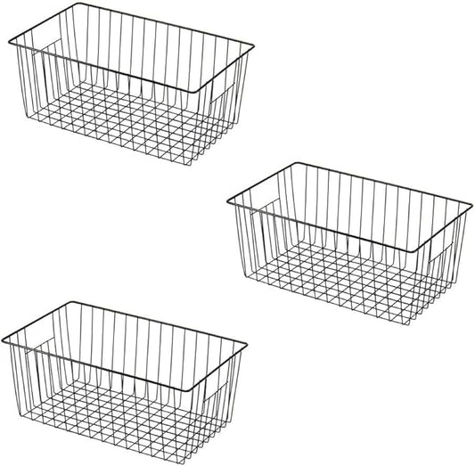 16" L x 12" W Wider Freezer Storage Organizer Baskets Container, Metal Wire Chest Upright Refrigerator Divider Bins with Built-in Handles for Cabinet, Pantry, Closet, Kitchen, Black