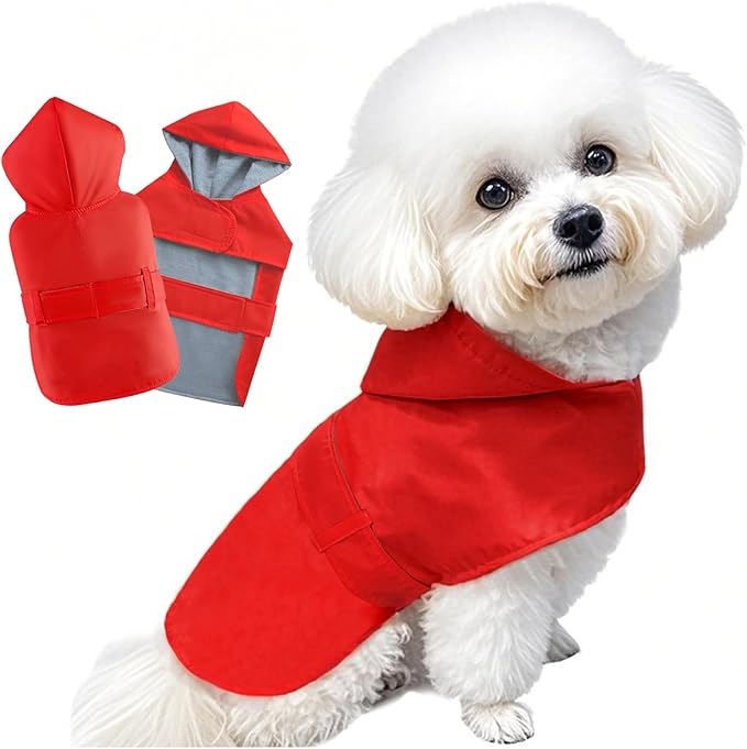 Dog Raincoat Small Dog Rain Jacket Poncho Waterproof Snowproof Pet Rain Suit Puppy Small Dogs Cats Lined Warm Lining Hooded Leash Hole Adjustable,Red,XS