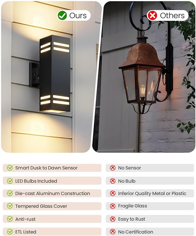 SHIMR Dusk to Dawn Outdoor Lighting 2 Pack, Modern Exterior Lighting Fixtures Wall Mount ETL Listed, Aluminum Anti-Rust Outdoor Sconce Up and Down Outside Lights for House Porch, LED Bulbs Include