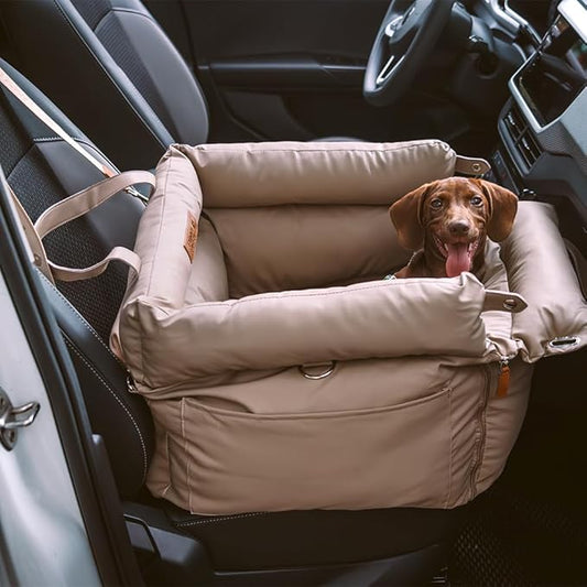FUNNYFUZZY Leather Dog Car Seat for Small ＆ Medium Sized Dogs Up to 35lbs, Waterproof and Washable Dog Booster Seat Car Bed for Travel and Home,Portable and Safety(Beige)