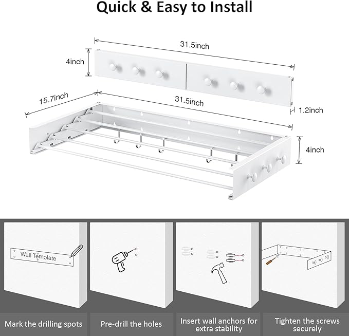 Drying Rack Clothing,Clothes Drying Rack Wall Mounted,Laundry Drying Rack Wall Mount,Foldable,Collapsible,60 lb Capacity 5 Aluminium Poles with 6 Hooks (White, 31.5" Upgrade)