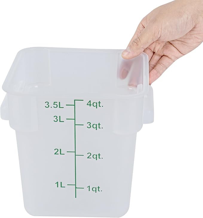 Restaurantware Food Storage Container 10 Pack of 4 qt Plastic Kitchen Storage Bin with Volume Markers Space-Efficient Design Dishwasher-Safe Polypropylene Translucent