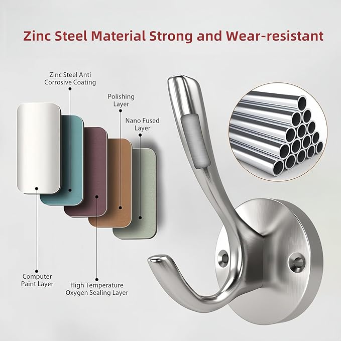 ZUONAI Brushed Nickel Towel Hooks for Bathrooms Wall Mounted 4 Pack Brushed Nickel Coat Hooks Heavy Duty Towel Wall Hooks for Coats Robes Hats Bath Entryway Cubicle Kitchen