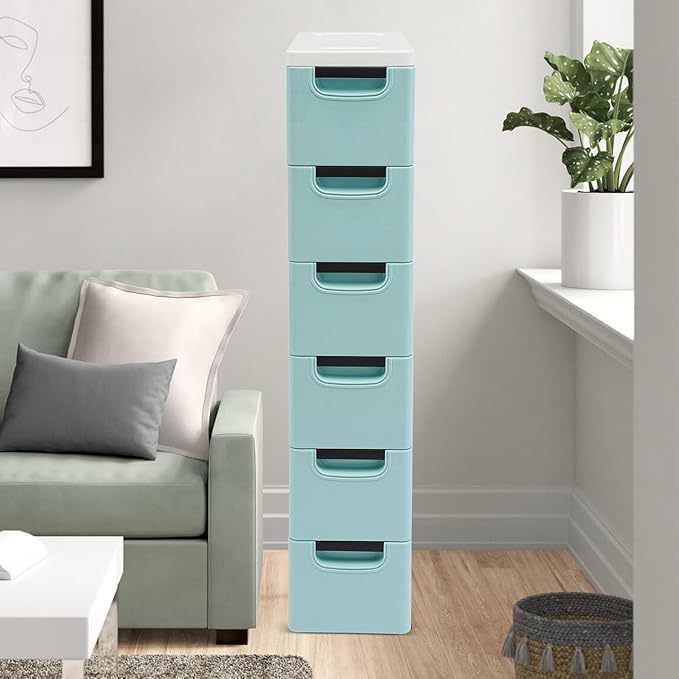 6 Drawers Storage Cart Rolling Storage Drawer Cart Narrow Plastic Dresser Rolling Organizer Cart Storage Unit on Wheels Bathroom Art Craft Supplies Mobile Slim Utility (Blue)