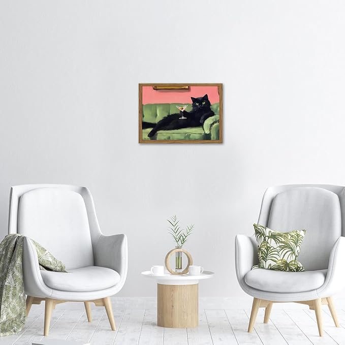 Funny Black Cat Martini Wall Art, Bar Cart Decor, Eclectic Cocktail Painting Canvas Print, Cute Animal Artwork Picture for Bedroom Living Room Kitchen 12x16 inch Wood Framed