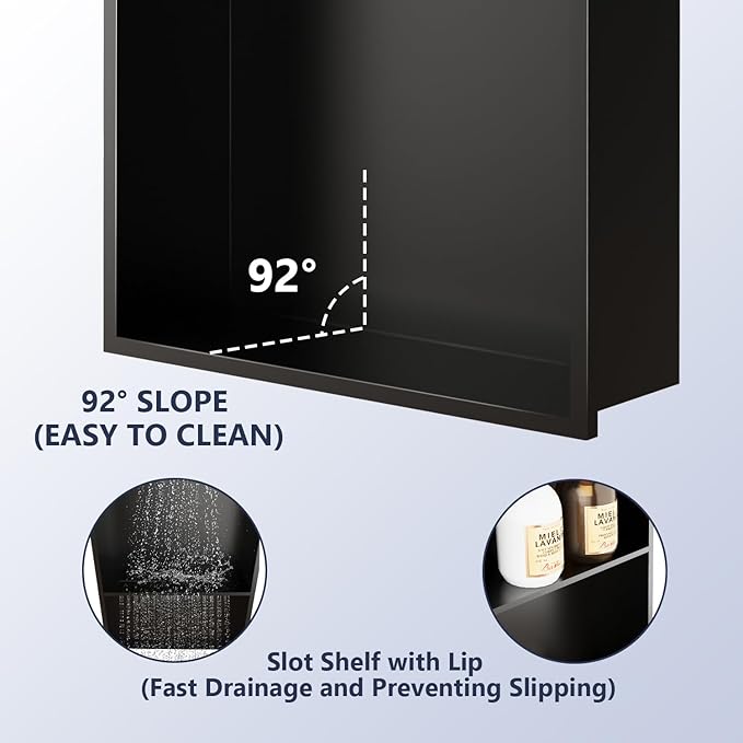 Stainless Steel Shower Niche 12" x 24", No Tile Needed Recessed Wall Niche with RGB Light, Bathroom Niche for Shower wall Insert Installation (Matte Black)