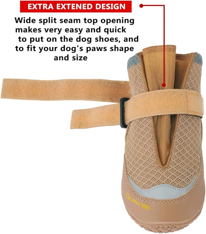 QUMY 4PCS Dog Boots for Large Dogs, Medium Dog Shoes & Paw Protectors for Hot Pavement, Summer Heat Protection, Mesh Breathable Nonslip Dog Booties for Hardfloors, Walking Running Hiking Khaki Size 7