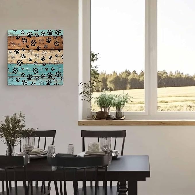 Framed Canvas Wall Art for Living Room Dog Paw Print Wall Decor, Retro Brown Turquoise Wood Grain Aesthetic Paintings for Bedroom Office Kitchen Bathroom, Ready to Hang Wall Pictures 20x20 Inch