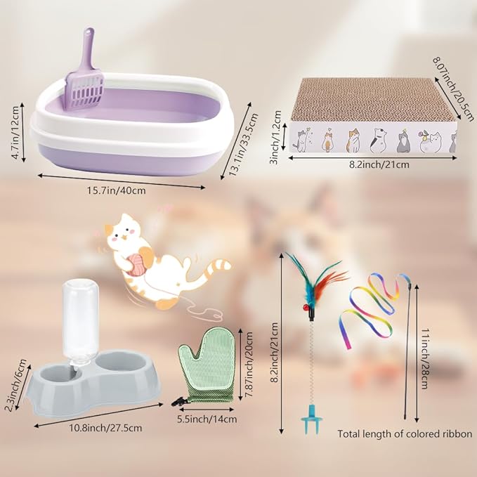 Kitten Starter Kit - 16 Pcs Cat Essentials Set Includes Litter Box, Toys, Collars, Scratch Pad, Nail File, Automatic Feed Bowls, Grooming Gloves (Purple, 16 Pcs)