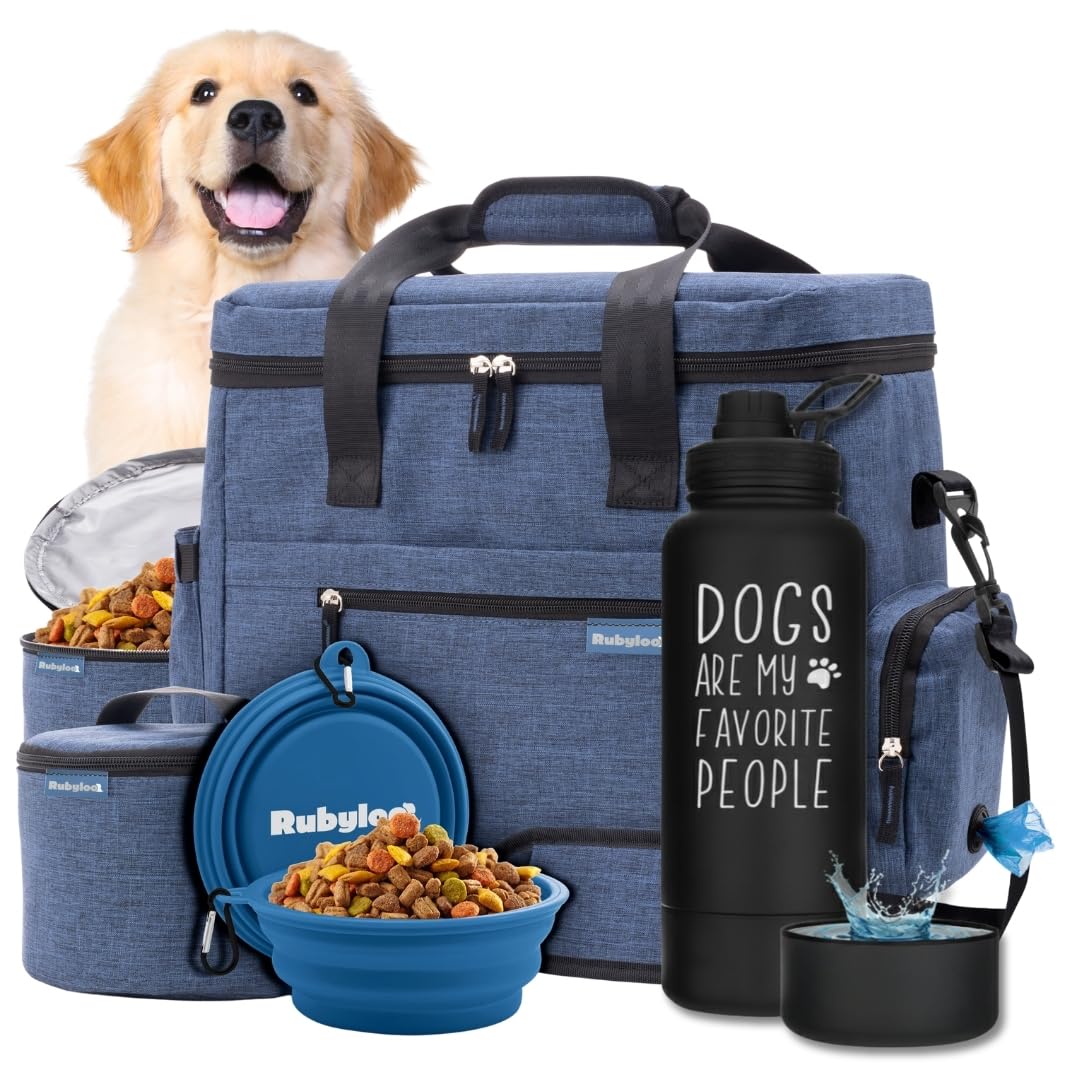 Rubyloo The Original Doggy Bag (Navy) & 32oz Insulated Water Bottle with Attached 8oz Bowl (Dogs are My Favorite People) – Dog Travel Bag & Hydration Set