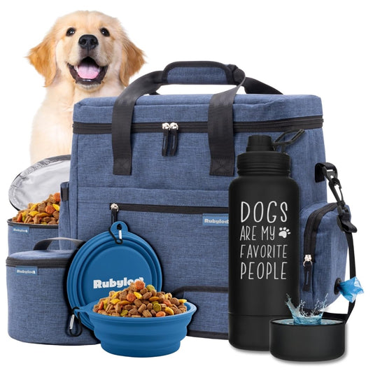 Rubyloo The Original Doggy Bag (Navy) & 32oz Insulated Water Bottle with Attached 8oz Bowl (Dogs are My Favorite People) – Dog Travel Bag & Hydration Set