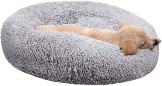BODISEINT Faux Fur Dog Bed, Shag Round Anti-Anxiety Pet Calming Doughnut Cuddler for Medium Large Puppy Dog Cat Kennel Cushion - Self Warming (28'' D x 8" H, Light Grey)