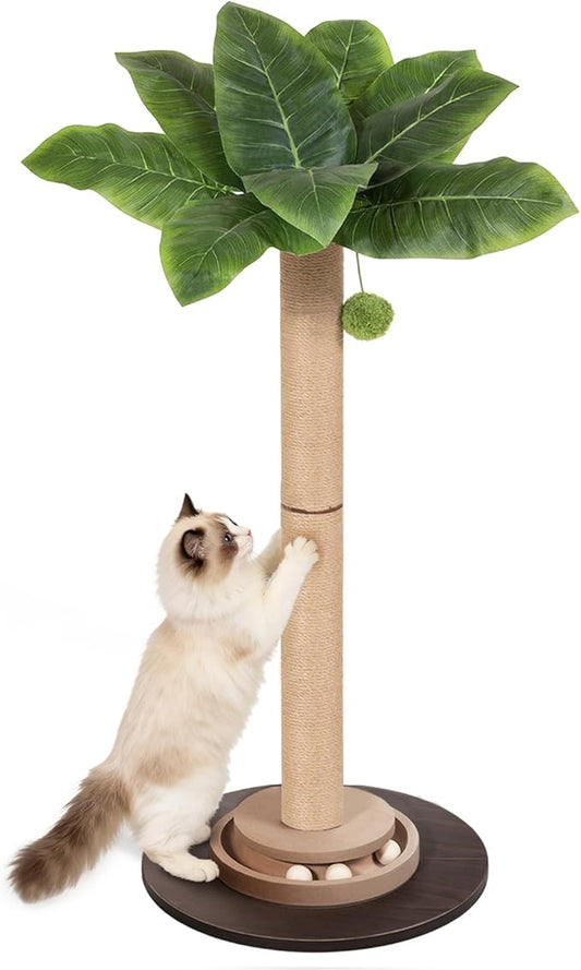 41.5" Tall Cat Scratching Post, Canna Leaf Cat Scratcher with Sisal Rope & Interactive Toys for Indoor Cats