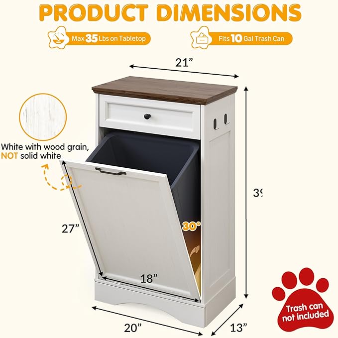 Tilt Out Trash Can Cabinet with Dog Bowl, 13 Gallons Dog Food Storage Cabinet, Hidden Trash Can Cabinet with Hideaway Drawer for Kitchen, Living Room (White, Single Door)
