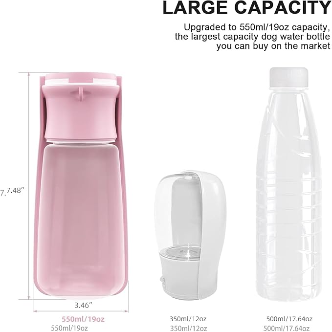 Portable Dog Water Bottle for Walking 19 OZ or 12 OZ Portable Pet Water Bottles for Puppy Small Medium Large Dogs Water Dispenser Pet Water Bowl Dog Accessories(19OZ Pink)