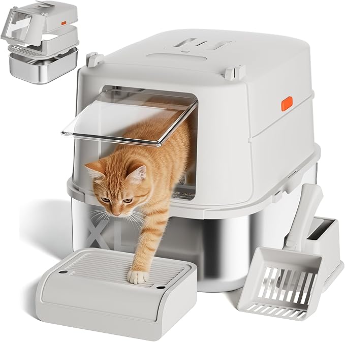GTPLAYER XL Enclosed Stainless Steel Cat Litter Box with Lid, High-Sided 304 Metal Covered Litter Pan for Large Cats, Leak-Proof Non-Stick Design with Scoop, Step & Mat, Classic Gray