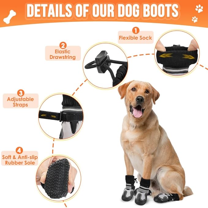 Lukovee Dog Shoes - Waterproof Warm Fleece Lined Dog Booties for Small Medium Large Dogs, Non-Slip Adjustable Dog Boot for Winter Cold Weather (GY,Size 7)