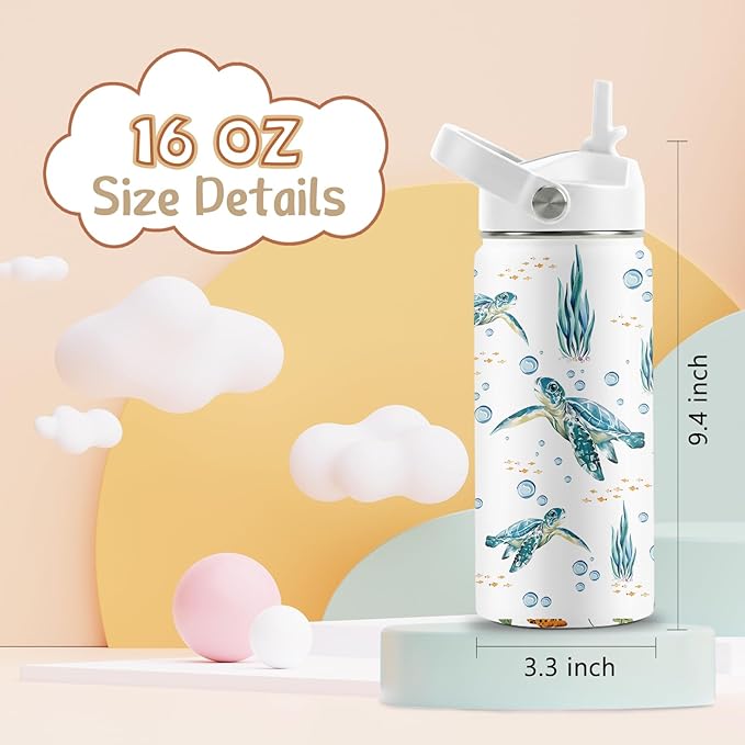 Turtle Gifts for Turtle Lovers, 16 oz Water Bottle with Straw Lid, Stainless Steel Insulated Sea Turtles Tumbler, Ocean Turtles Water Bottle for Turtle Lovers (1pcs)