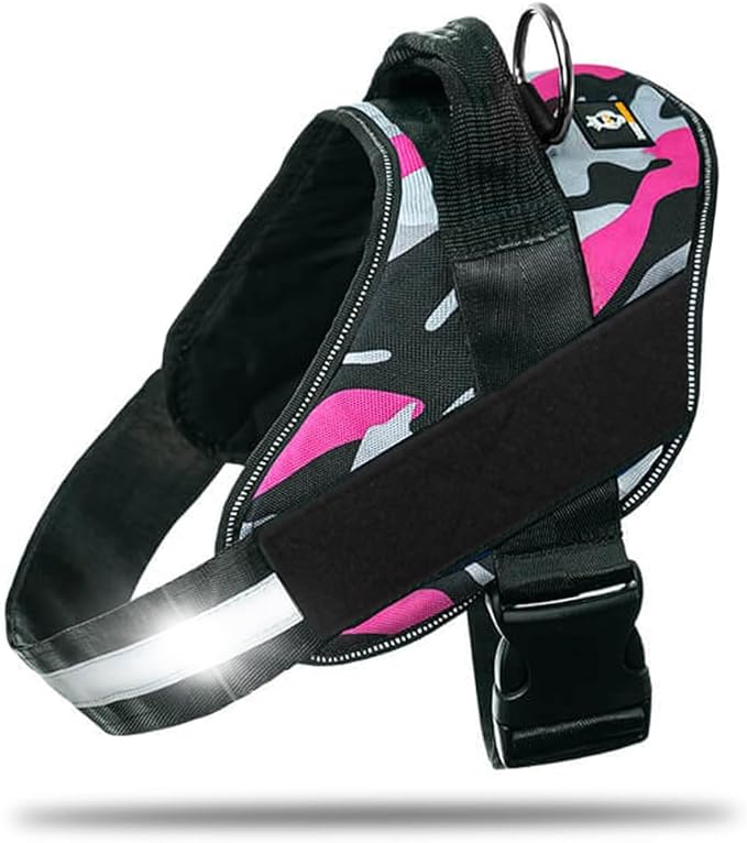 Non Pull Dog Harness with Patch Panels and Handle, Adjustable, Reflective, No Choke, Heavy Duty Easy On Service Dog Vest Harnesses for Medium Large Small Sized Dogs - Camouflage Pink, XL
