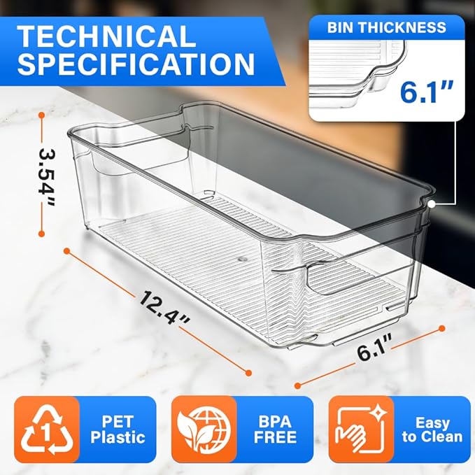 4-Piece Stackable Refrigerator Bin Organizer Set with Easy Grip Handles - Clear Multi-Purpose Storage Bins for Fridge and Pantry Use