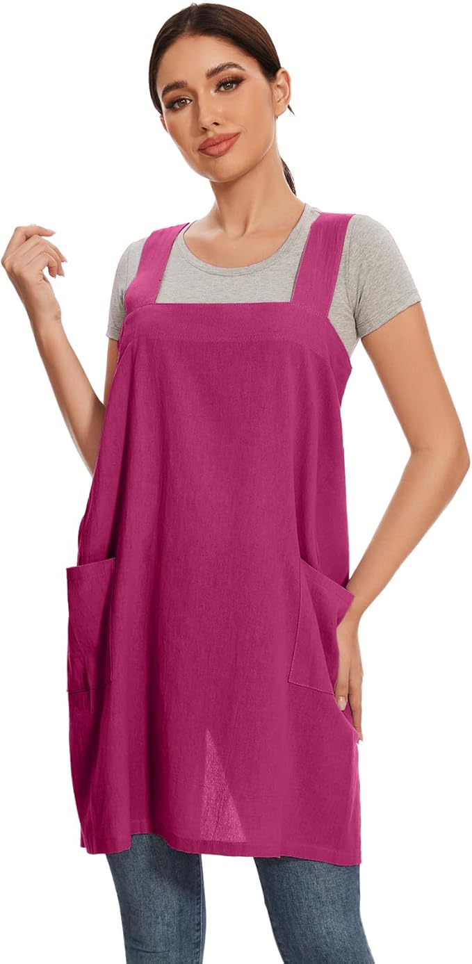 Women Apron with 2 Pockets Cotton Linen Kitchen Baking Cooking Chef Cross Back Pinafore Dress