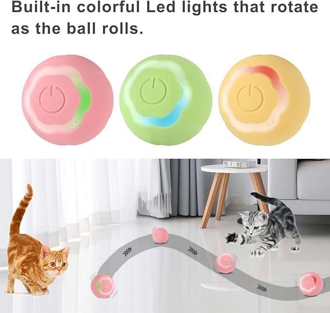 Smart Interactive Cat Ball Toy 2.0, Automatic Rolling Ball with Colorful Lights & Floral Design, USB Rechargeable, Activate Natural Hunting Instincts, Perfect Indoor Playmate (Pink & Yellow 2 Pcs)