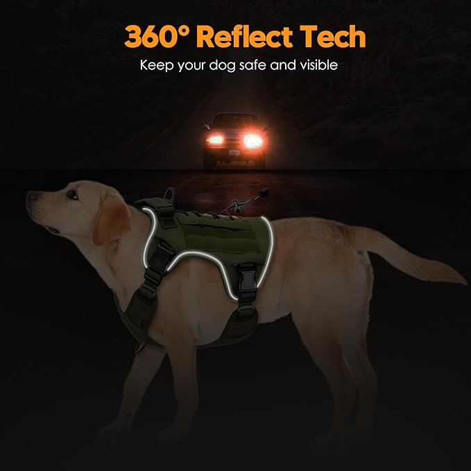 Heavy-Duty Tactical Dog Harness for Large Dogs, No Pull Adjustable Reflective Pet Vest with Molle System, K9 Military-Grade Control for Service Training, Outdoor & 10+ Breeds, Green, Large