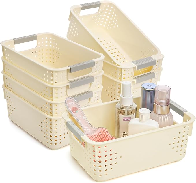 Frcctre 8 Pack Plastic Storage Baskets, Small Pantry Organizer Basket Bins Household Organizers with Handle for Kitchen Cabinet Countertop Bedroom Bathroom, 9.8"L x 6.5"W x 3.9"H, Off-white