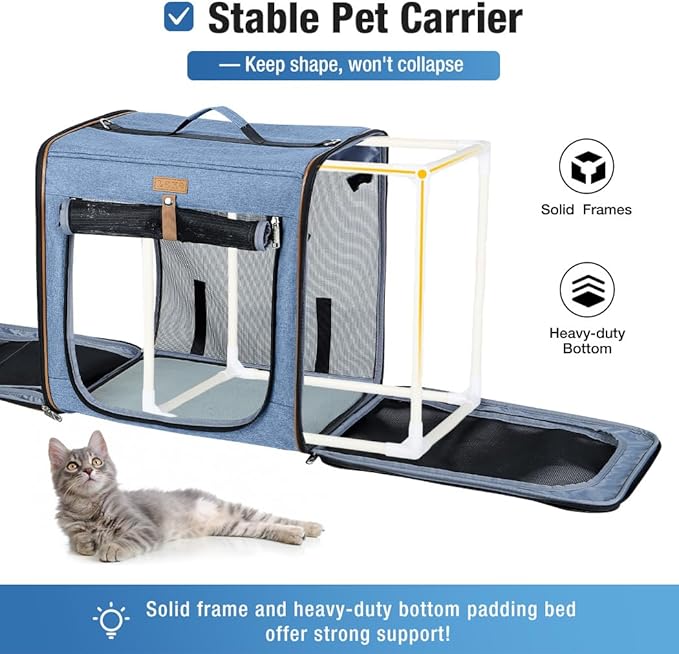 Lekereise 2-in-1 Cat Travel Carrier with Litter Box, (17.7" x2) x16.5"x13" Large Cat Carrier with Zipper Locks for Moving Across The Country (No Hammock) - Blue