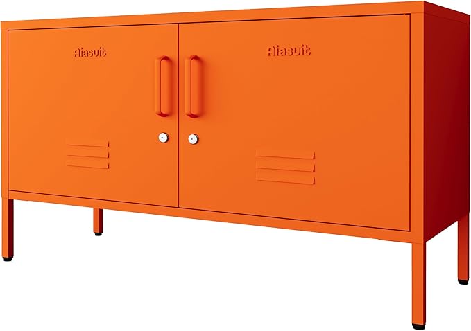 Orange Metal Storage Cabinet with Lock, 2-Door Wide Organizer, Adjustable Shelves, Multifunctional TV Stand & Entertainment Center for Bedroom, Living Room, 24" H x 39.4" W x 15" D