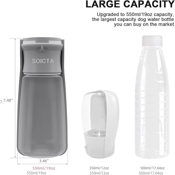 Portable Dog Water Bottle for Walking 19 OZ or 12 OZ Portable Pet Water Bottles for Puppy Small Medium Large Dogs Water Dispenser Pet Water Bowl Dog Accessories (19OZ Blue) (19OZ Grey)