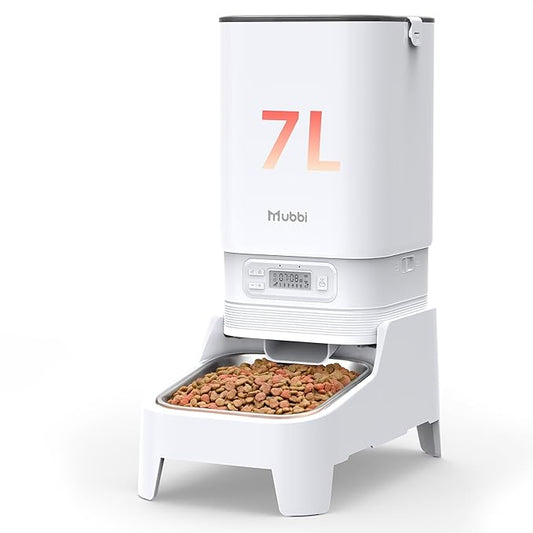 Automatic Cat Feeder, Elevated Stand for Neck Health, 7L Automatic Dog Feeder, Cat Food Dispenser, No-Jam, Up to 6 Meals for 2-15 mm Dry Food, Stainless Steel Bowl, No Spinal Pressure