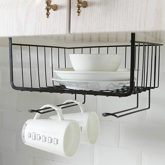 Pssopp Under Shelf Wire Basket, Hanging Storage Baskets Under Shelf Storage Organizer for Kitchen Pantry Desk Bookshelf (Black)