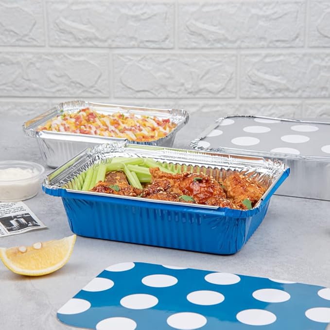 Restaurantware-16 Ounce Disposable Takeout Containers, 50 Rectangle Food Containers - With Polka Dot Lids, Blue Takeaway Container, Aluminum Delivery Container, Freezable