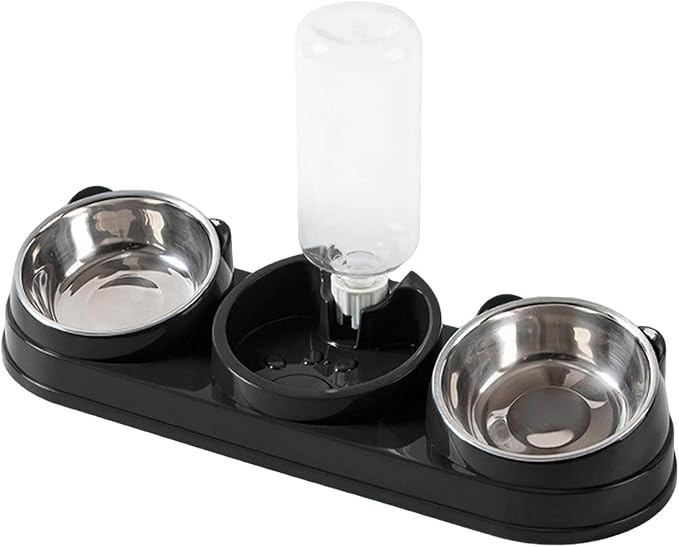 Elevated Cat Bowl Set, 15° Raised Cat Food and Water Bowl with Dispenser, Pet Dishes for Indoor Cats, Small Medium Dogs & Rabbit Feeding, Anti-Vomiting, Slow Feeder (Black)