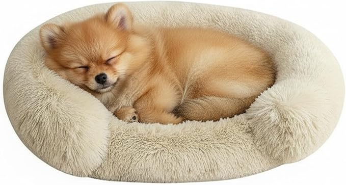 Fluffy Dog Bed Calming Donut Beds for Large Dogs Warming Round Small Medium Pet Nest Cozy Cat Mattress Indoor Washable Puppy Kennel Kittens Sleep Mat (S, 23.6×23.6 inch, Khaki)