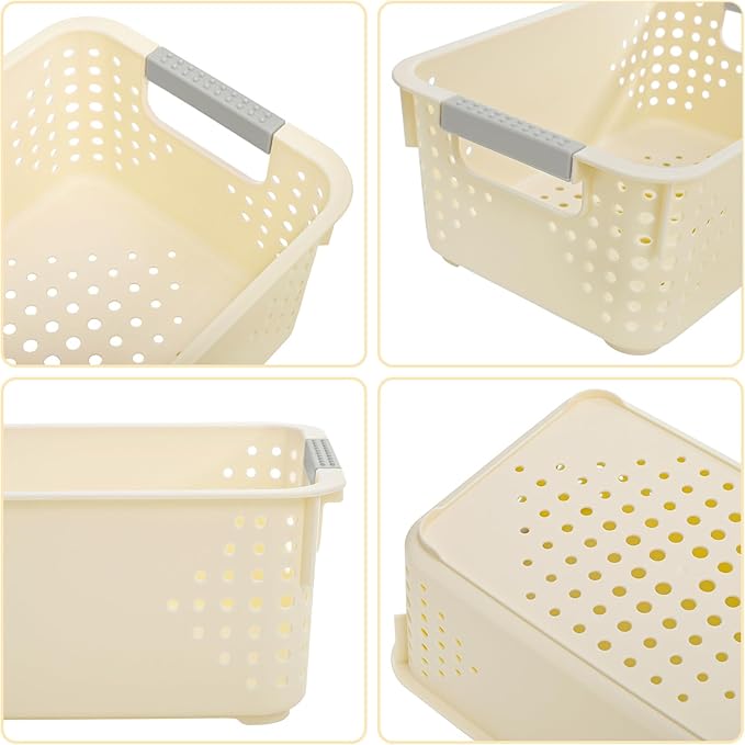 Frcctre 8 Pack Plastic Storage Baskets, Small Pantry Organizer Basket Bins Household Organizers with Handle for Kitchen Cabinet Countertop Bedroom Bathroom, 9.8"L x 6.5"W x 3.9"H, Off-white