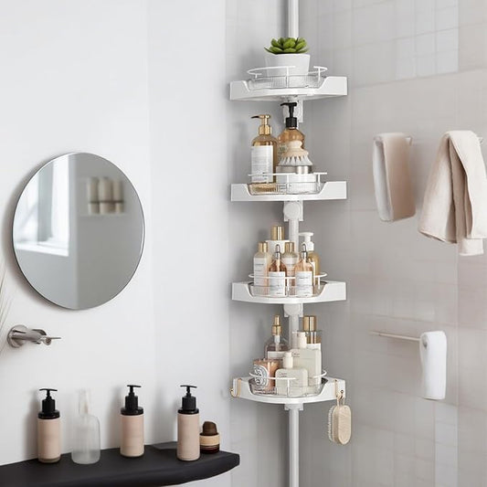 360° Rotating Corner Shower Caddy Tension Pole Organizer - 4-Tier Adjustable Rustproof Metal Pole, Plastic Shelves with Safety Guardrail, Bathroom Storage for Shower & Bathtub(White)