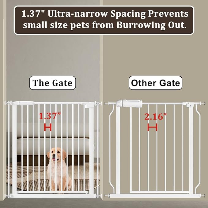 WAOWAO 1.37" Ultra Narrow Spacing Extra Wide Baby Gate 53.74-57.67" Pressure Mounted Walk Through Double Lock Swing Auto Close Safety White Metal Toddler Child Dog Pet for Indoor,Doorway,Kitchen