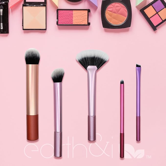Earth & I 5-Piece Premium Eye Makeup Brush Set – Matte Sateen Pink & Rose Gold Edition – Professional Blending & Mixing Kit – Vegan Synthetic Bristles for Flawless Eyeshadow Application