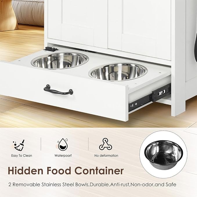 Dog Food Storage Cabinet, Dog Feeding Station Elevated Dog Bowls with Adjustable Panel and 2-Level Shelving Hidden Pet Feeder Station Wood,for Feeding & Watering Supplies, White