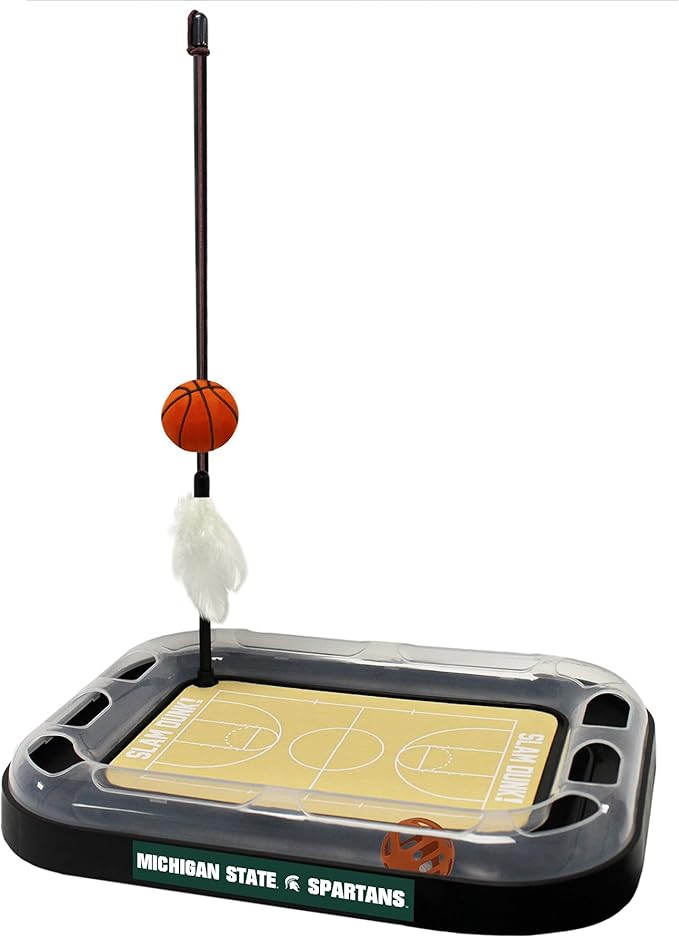 Cat Scratch Toy NCAA Michigan State Spartans Reversible Basketball Court Felt/Cardboard Cat Scratcher Toy. Interactive Cat Ball Bell. 6-in-1 CAT Toy: Cat Wand Poll with Catnip-Filled Plush Basketball