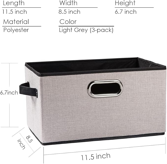 PRANDOM Fodable Storage Bins for Closet [3-pack] Decorative Fabric Storage Baskets Cubes with Leather/Metal Handles for Shelves Bedroom Living Room Light Grey (11.5x8.5x6.7 Inch)
