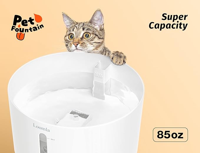 Loomla Cat Water Fountain, 85oz/2.5L Pet Water Fountain Indoor, Automatic Dog Water Dispenser with Switchable LED Lights, 2 Replacement Filters for Cats, Dogs, Pets (White)